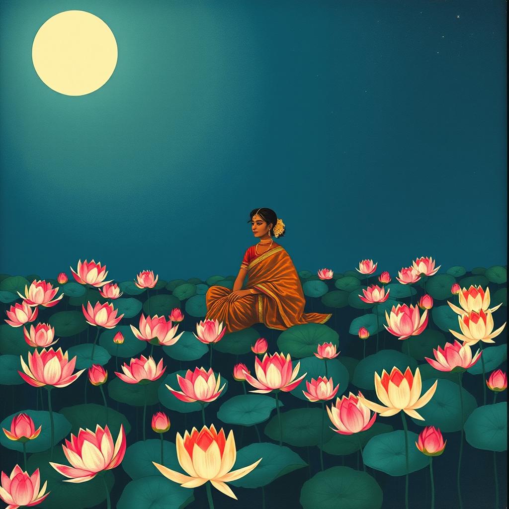 An enchanting night scene illustrated in a Kalamkari style, featuring a tranquil pond filled with blooming lotuses, their petals softly open under the pale moonlight