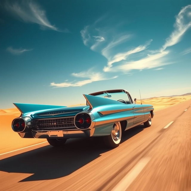 A striking metallic blue 1960 Cadillac Eldorado gliding effortlessly down a sun-soaked desert highway, its massive tail fins slicing through the hot, dry air