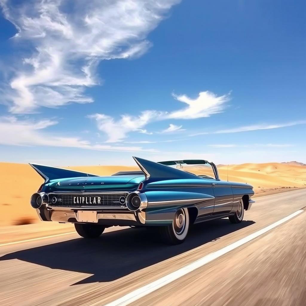 A striking metallic blue 1960 Cadillac Eldorado gliding effortlessly down a sun-soaked desert highway, its massive tail fins slicing through the hot, dry air