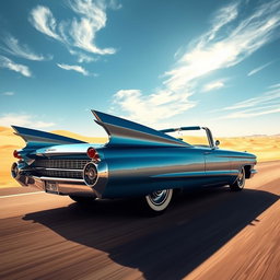 A striking metallic blue 1960 Cadillac Eldorado gliding effortlessly down a sun-soaked desert highway, its massive tail fins slicing through the hot, dry air