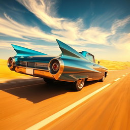 A striking metallic blue 1960 Cadillac Eldorado gliding effortlessly down a sun-soaked desert highway, its massive tail fins slicing through the hot, dry air
