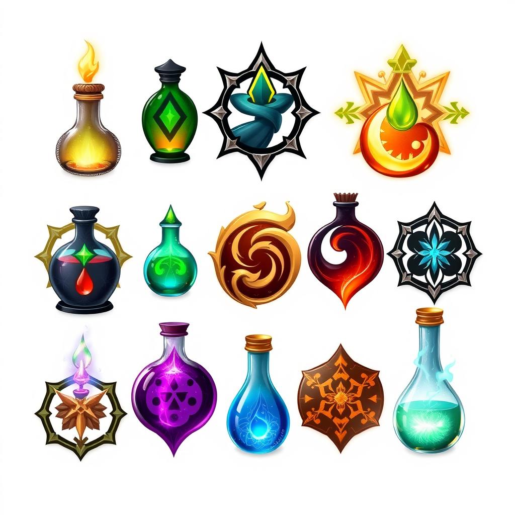 A high-quality, detailed illustration of various elixir types represented as unique symbols