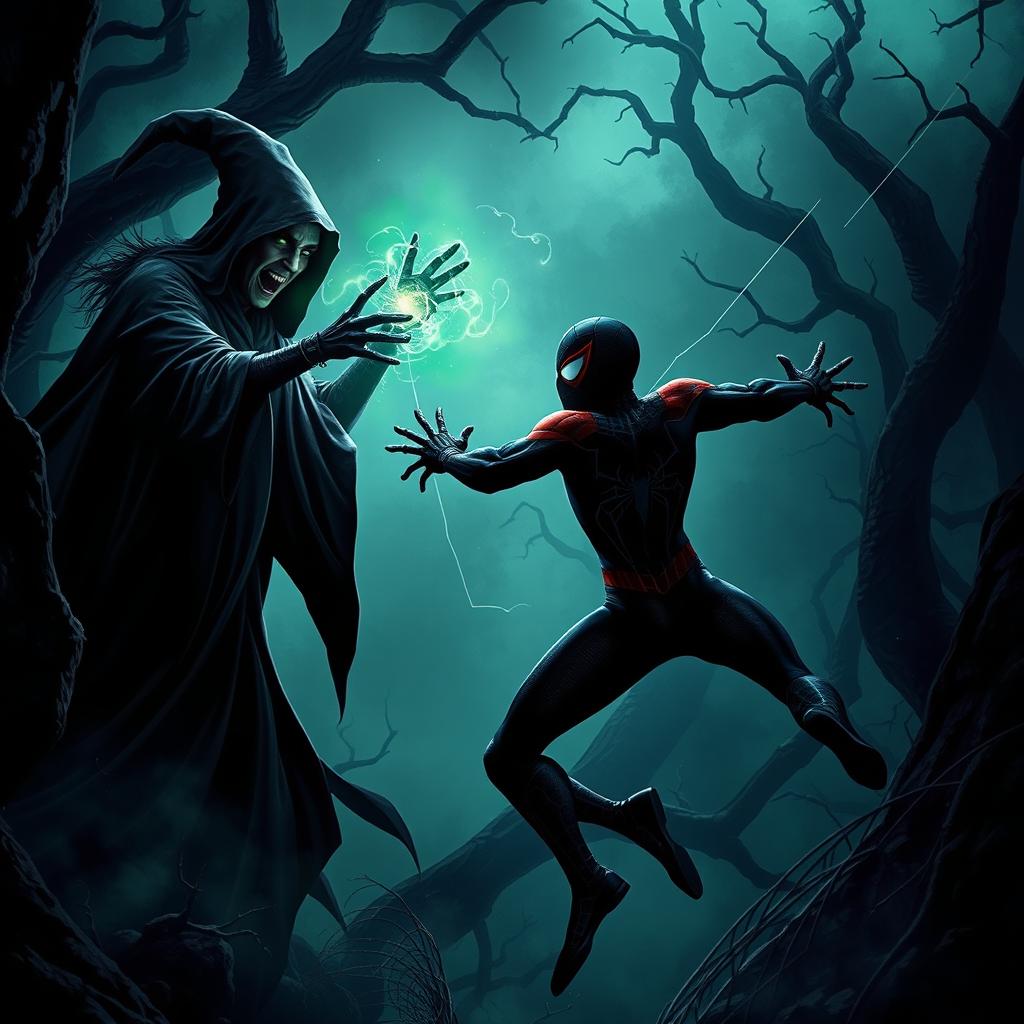 A terrifying witch with a dark, flowing cloak and glowing green eyes, engaging in an epic battle with a heroic superhero resembling Spider-Man, who is agile and ready for action