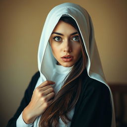 A beautiful 25-year-old woman dressed in a nun's habit, facing the camera with a surprised expression