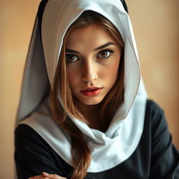 A beautiful 25-year-old woman dressed in a nun's habit, facing the camera with a surprised expression