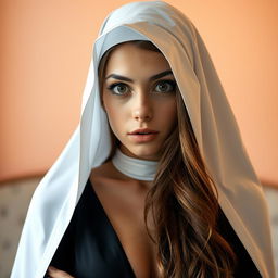 A beautiful 25-year-old woman dressed in a nun's habit, facing the camera with a surprised expression