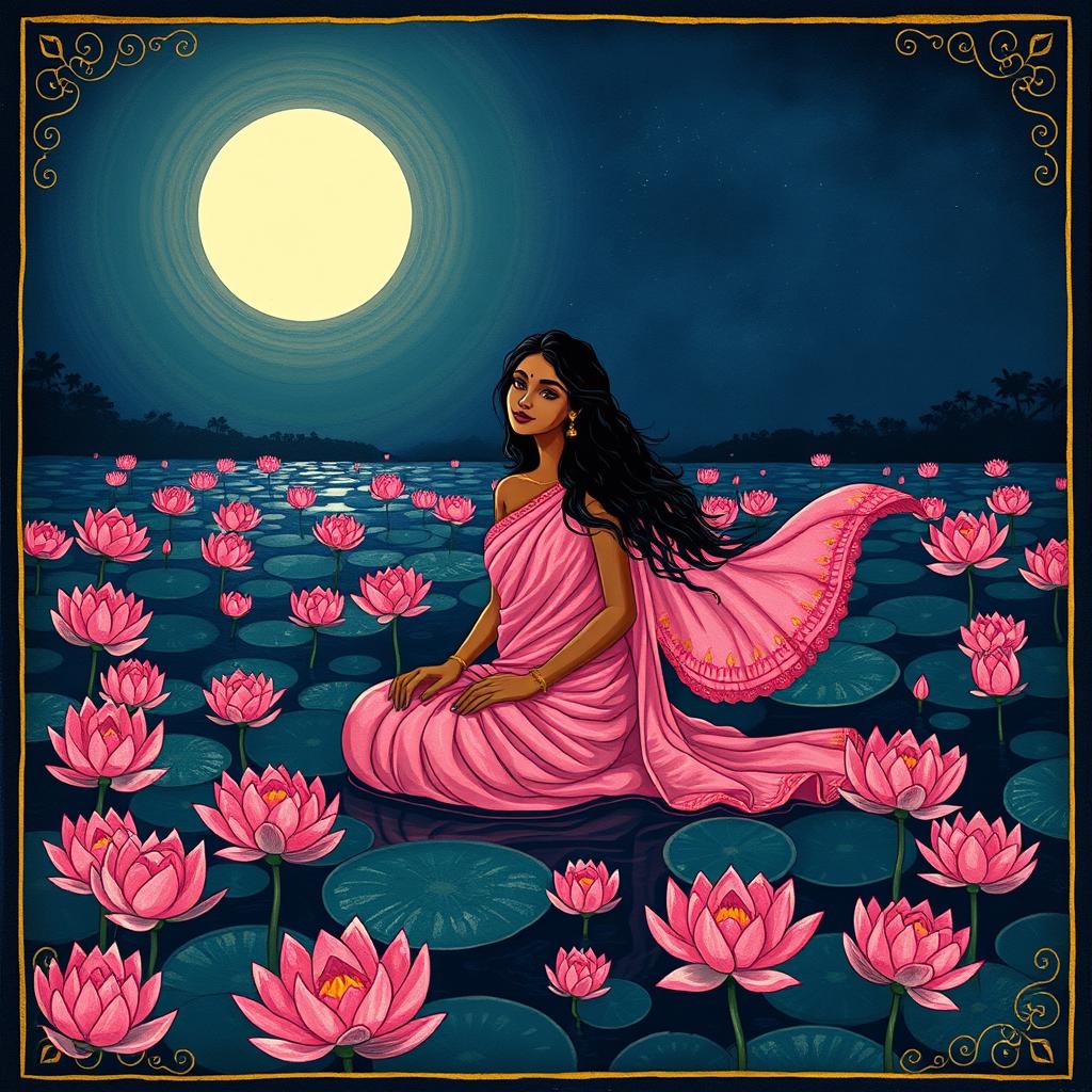 An enchanting night scene illustrated in a Kalamkari style, featuring a serene pond filled with blooming lotuses, their petals vibrantly open under the pale moonlight