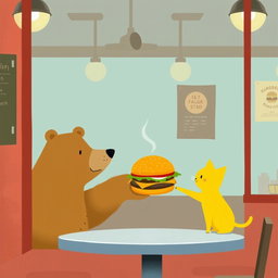 Inside a hamburger shop, a brown bear is holding a delicious, aromatic hamburger and extending it toward a cute solid-colored little yellow cat