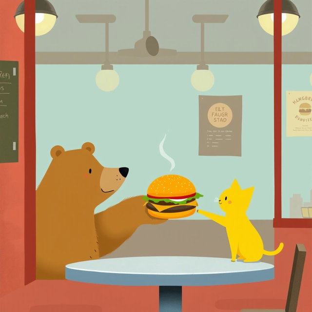 Inside a hamburger shop, a brown bear is holding a delicious, aromatic hamburger and extending it toward a cute solid-colored little yellow cat