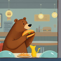 Inside a hamburger shop, a brown bear is holding a delicious, aromatic hamburger and extending it toward a cute solid-colored little yellow cat