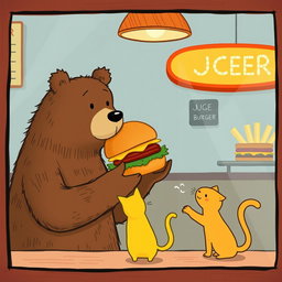Inside a hamburger shop, a brown bear is holding a delicious, aromatic hamburger and extending it toward a cute solid-colored little yellow cat