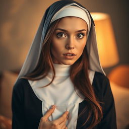 A stunning 25-year-old woman dressed in a traditional nun's habit, facing the camera with a surprised expression