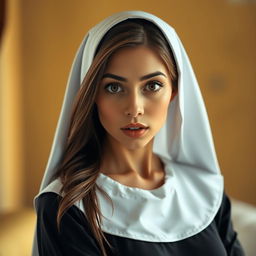 A stunning 25-year-old woman dressed in a traditional nun's habit, facing the camera with a surprised expression