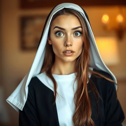 A stunning 25-year-old woman dressed in a traditional nun's habit, facing the camera with a surprised expression