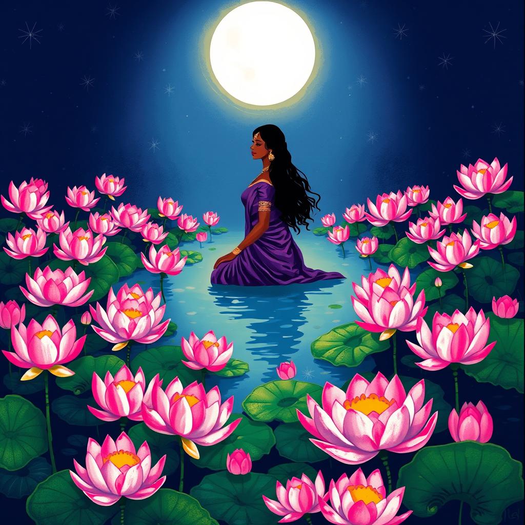 An enchanting night scene illustrated in a Kalamkari style, featuring a serene pond filled with beautifully blooming lotuses, their petals vibrantly open under the pale moonlight