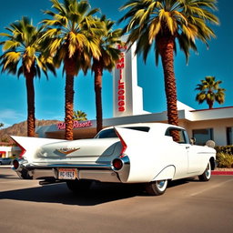 A sleek white 1957 Cadillac Eldorado parked elegantly in front of a stylish mid-century modern hotel, featuring a classic neon sign that reads ‘Palm Springs Resort