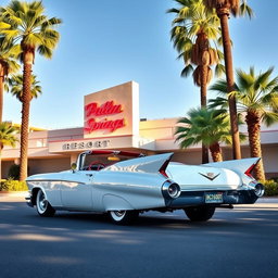 A sleek white 1957 Cadillac Eldorado parked elegantly in front of a stylish mid-century modern hotel, featuring a classic neon sign that reads ‘Palm Springs Resort