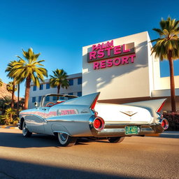A sleek white 1957 Cadillac Eldorado parked elegantly in front of a stylish mid-century modern hotel, featuring a classic neon sign that reads ‘Palm Springs Resort