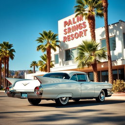 A sleek white 1957 Cadillac Eldorado parked elegantly in front of a stylish mid-century modern hotel, featuring a classic neon sign that reads ‘Palm Springs Resort