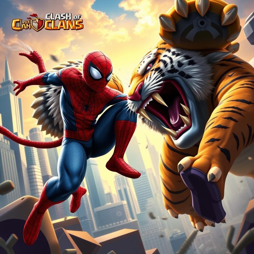 An epic scene depicting Spider-Man battling a King Tiger from Clash of Clans in a vibrant, action-packed environment