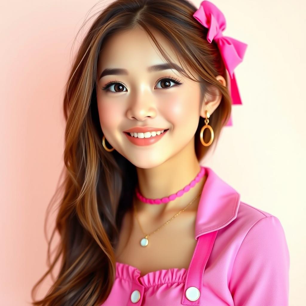 A petite woman wearing a vibrant pink outfit, showcasing a playful and cheerful demeanor