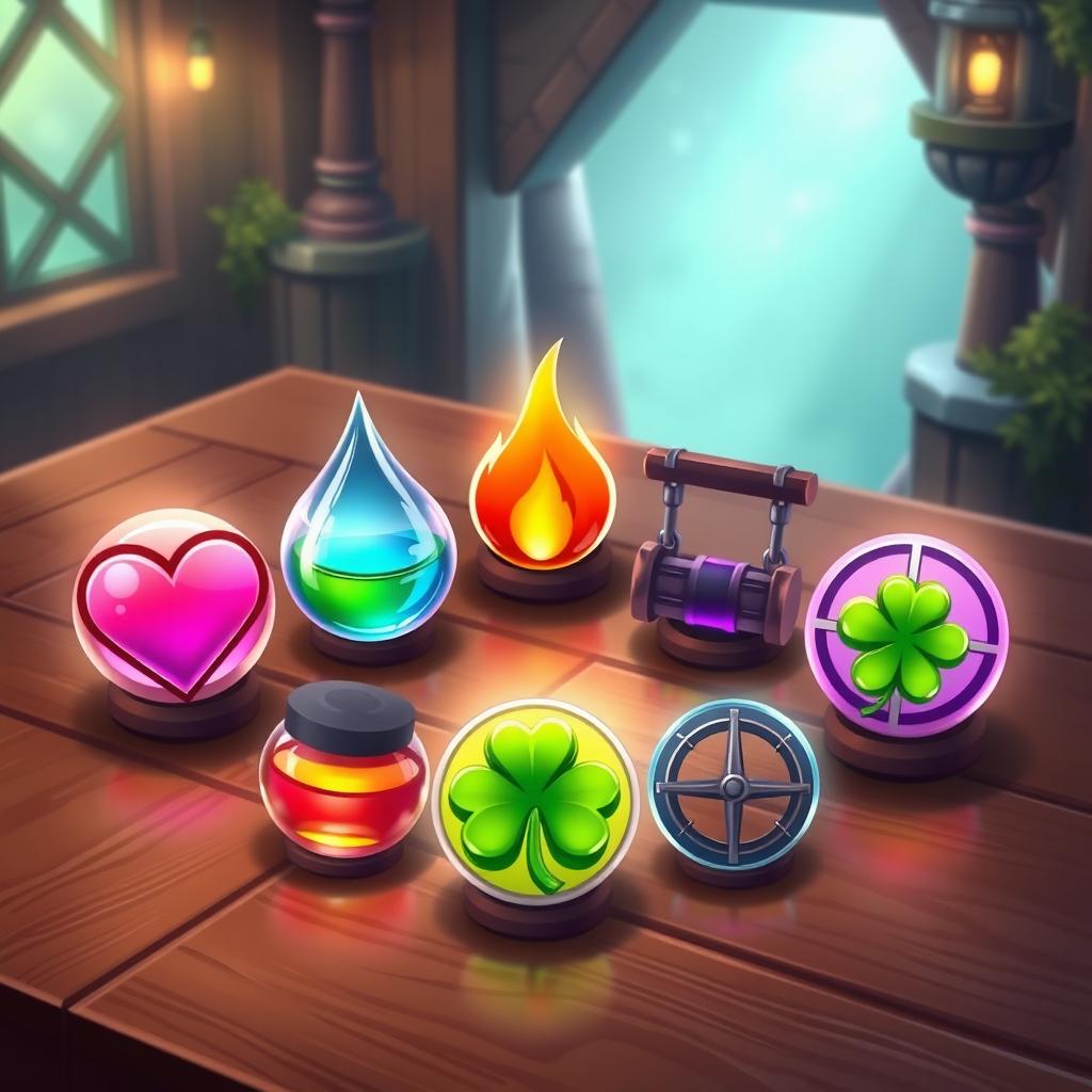 A digital illustration featuring a set of stylish elixir symbols representing various game attributes