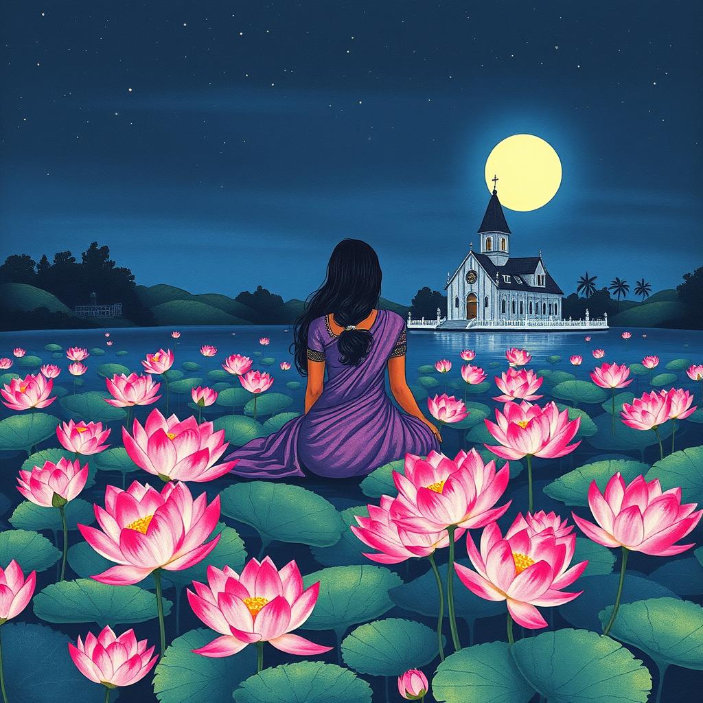 An enchanting night scene illustrated in a Kalamkari style, showcasing a serene pond filled with beautifully blooming lotuses, their petals wide open under the soft glow of the pale moonlight