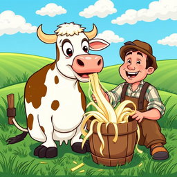 In a colorful, cartoon-style farm, a rural man wearing traditional clothing is milking a cow