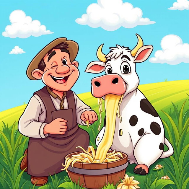 In a colorful, cartoon-style farm, a rural man wearing traditional clothing is milking a cow