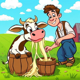 In a colorful, cartoon-style farm, a rural man wearing traditional clothing is milking a cow