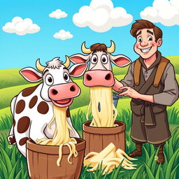 In a colorful, cartoon-style farm, a rural man wearing traditional clothing is milking a cow