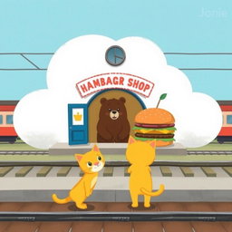 Next to the railway tracks, in a cloud-shaped station, there is a charming hamburger shop