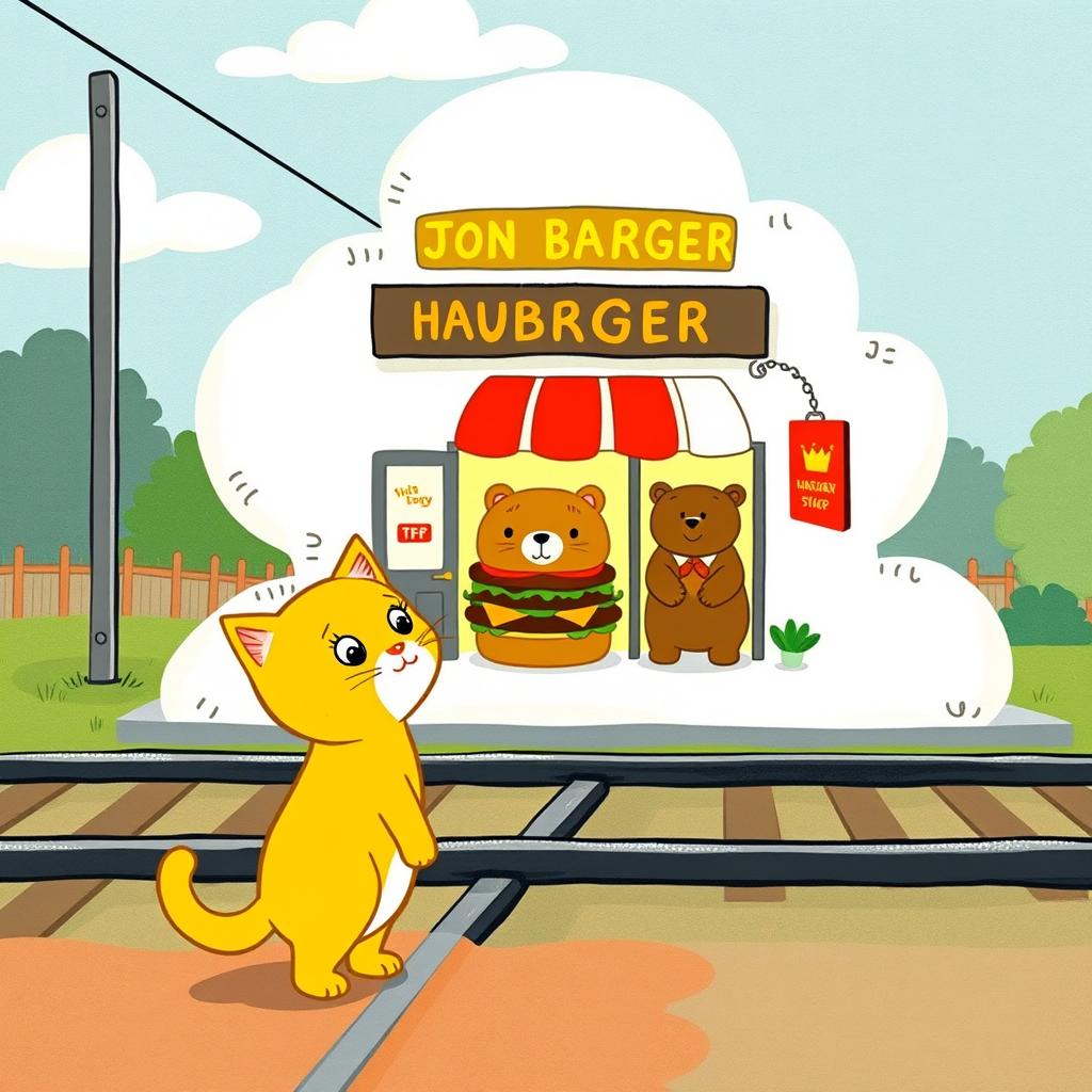 Next to the railway tracks, in a cloud-shaped station, there is a charming hamburger shop