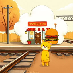Next to the railway tracks, in a cloud-shaped station, there is a charming hamburger shop