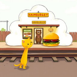 Next to the railway tracks, in a cloud-shaped station, there is a charming hamburger shop
