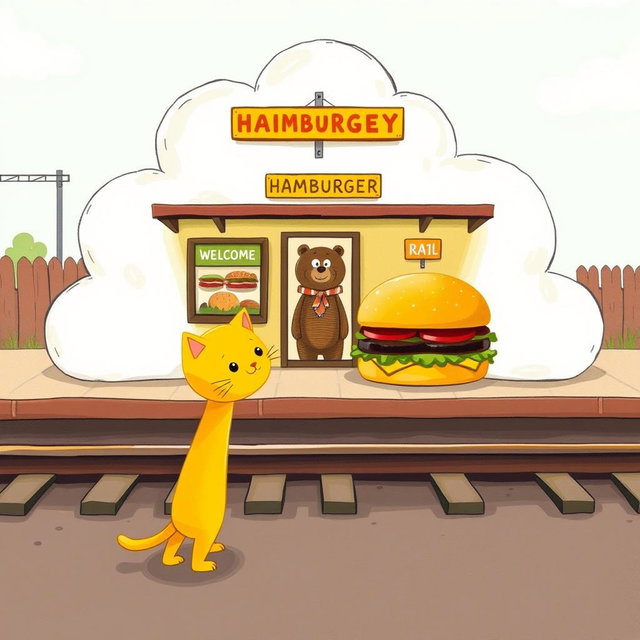 Next to the railway tracks, in a cloud-shaped station, there is a charming hamburger shop