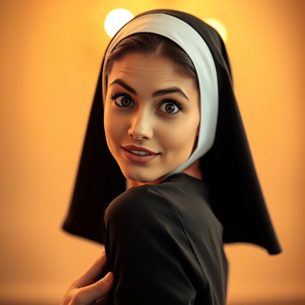 A stunning 25-year-old woman dressed in a nun's habit, directly facing the camera with a look of surprise