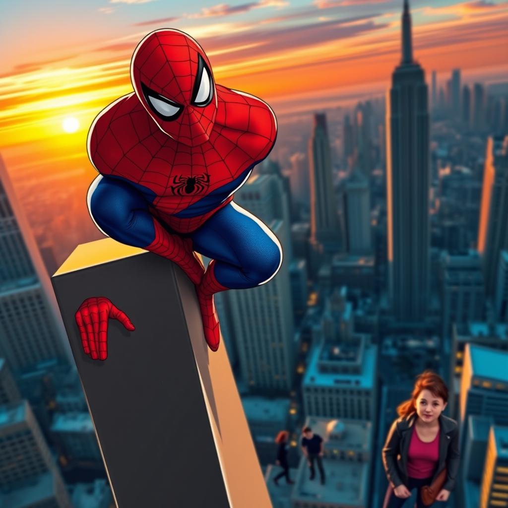 Spider-Man in a humorous scene, showing him perched on a tall building ledge in New York City, casually looking over the edge with a cheeky expression as he playfully pretends to urinate