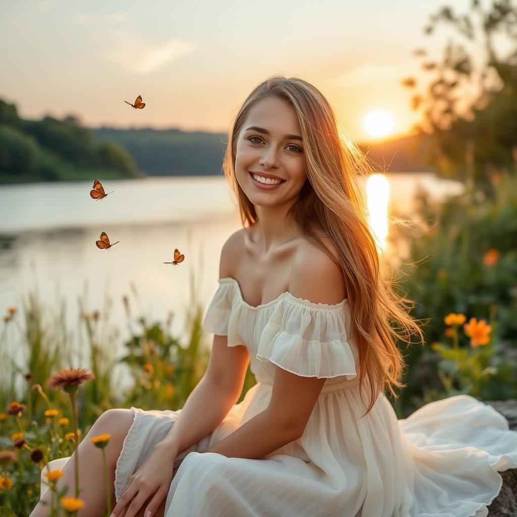 A stunning young woman with long flowing hair, sitting by a picturesque lake surrounded by lush greenery and wildflowers