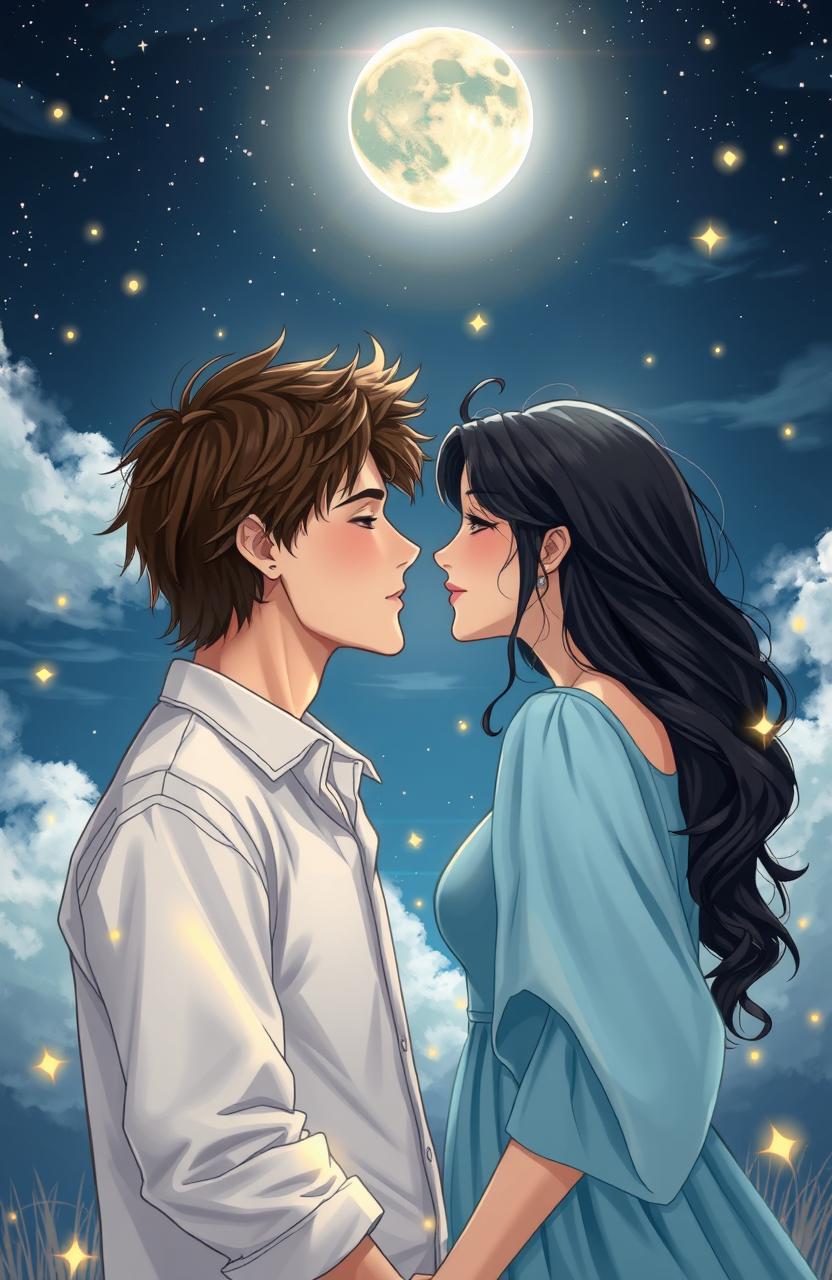 A romantic scene depicting two individuals, a man and woman, standing under a starlit sky, their eyes locked in a deep gaze, showcasing the theme of love sparkled by fate