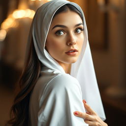A gorgeous 25-year-old woman dressed in a traditional nun's habit, facing the camera with an expression of surprise