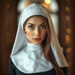 A gorgeous 25-year-old woman dressed in a traditional nun's habit, facing the camera with an expression of surprise