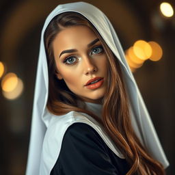 A gorgeous 25-year-old woman dressed in a traditional nun's habit, facing the camera with an expression of surprise