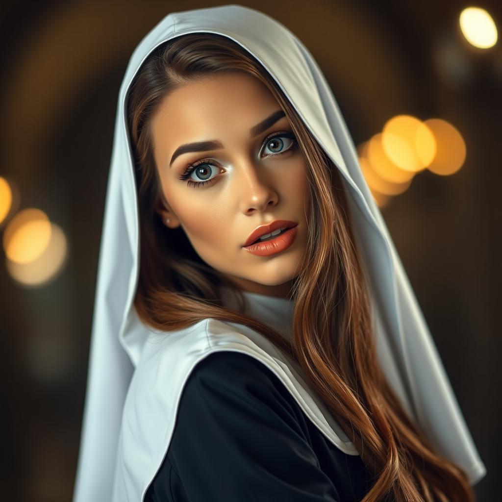 A gorgeous 25-year-old woman dressed in a traditional nun's habit, facing the camera with an expression of surprise
