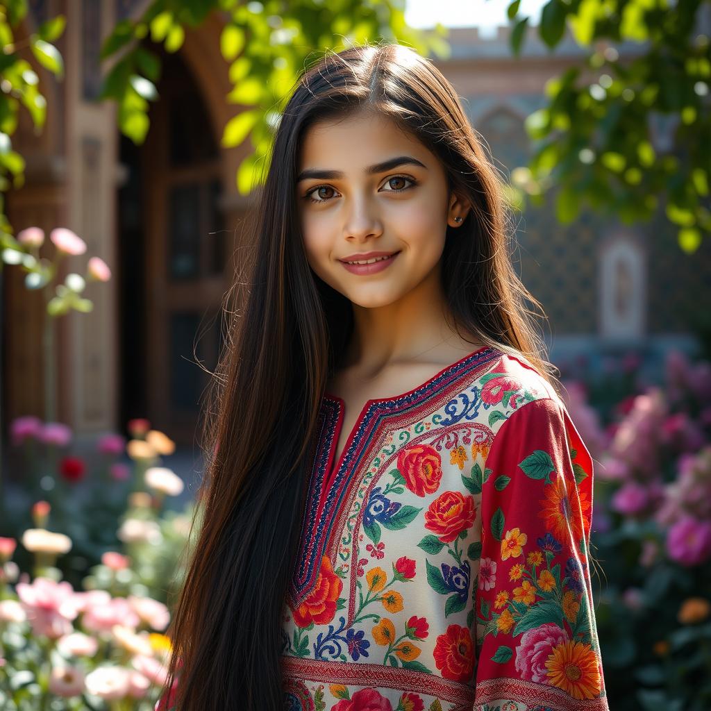 A portrait of an Iranian girl with long black hair, wearing a colorful traditional Persian dress adorned with intricate floral patterns