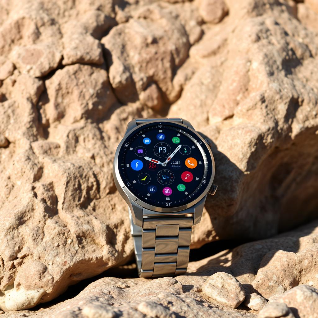A sleek and modern Huawei GT5 Pro smartwatch displayed prominently against a stunning rocky background
