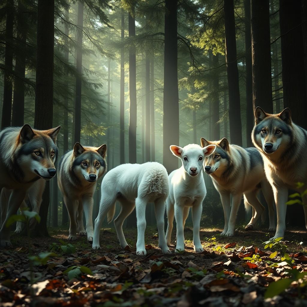 A white lamb standing amidst a pack of wolves in the heart of a dense forest