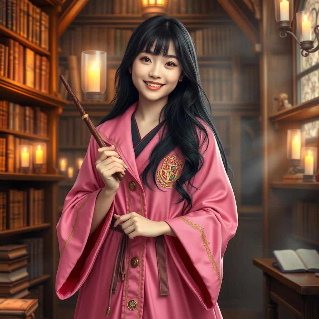 A young Asian woman resembling Sejeong, dressed in a pink Harry Potter-style wizarding robe