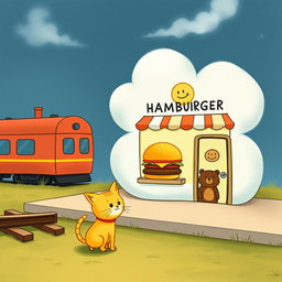 A whimsical scene beside a railway, featuring a cloud-shaped train station with a charming hamburger shop