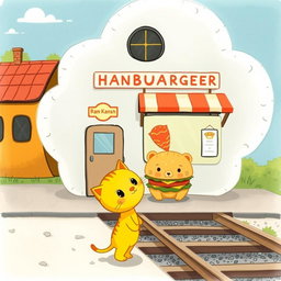 A whimsical scene beside a railway, featuring a cloud-shaped train station with a charming hamburger shop